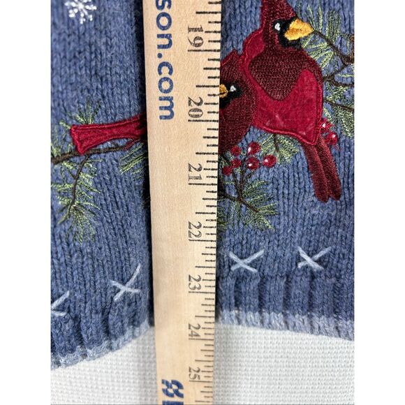 Blue Knit Holiday Cardigan PL Embroidered Winter Birds Cardinals Pinecones Zip - Picture 11 of 13